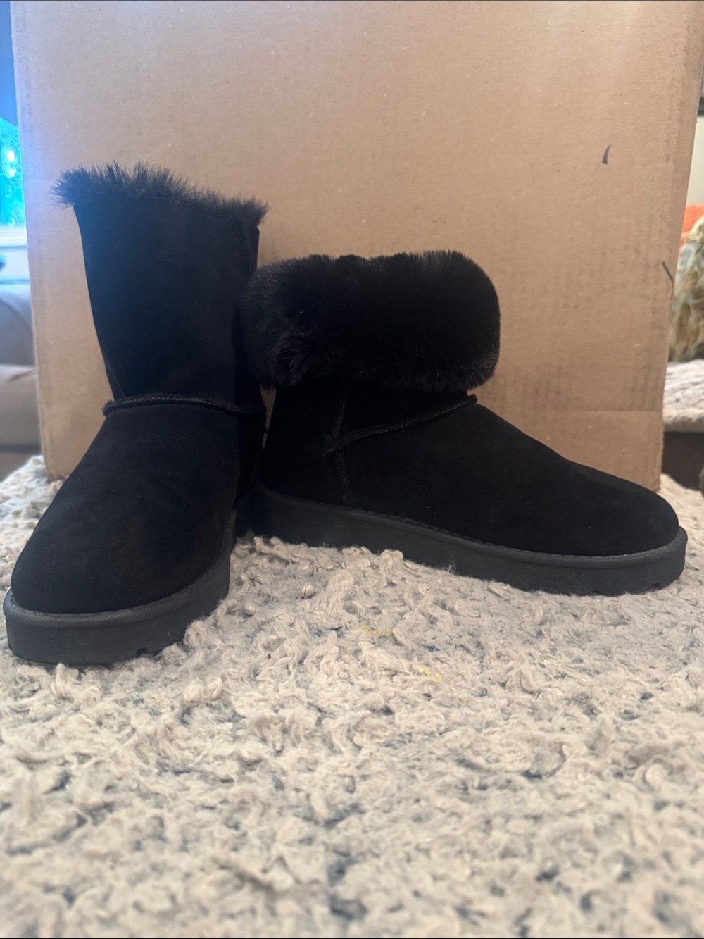 BAMBOO Black Faux Fur Cuffed Suede Booties
